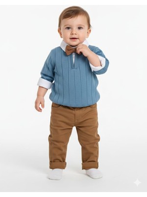 Pinomio Baby Erkek Bebek Kazak Gömlek Pantolon 3'lü Takım