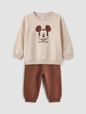 LC Waikiki Lcw Baby Bej Mickey Mouse Baskılı Erkek Bebek Sweatshirt ve Eşofman Alt