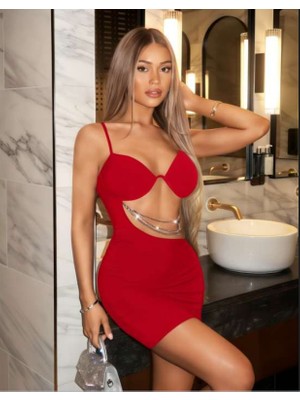 Bleu Petite Zincirli Dekolteli Şık Kadın Gece Elbise