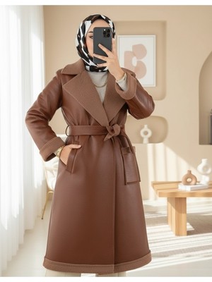 Modamorfo Beli Kemerli Çift Cepli Içi Kürklü Deri Kaban -Taba