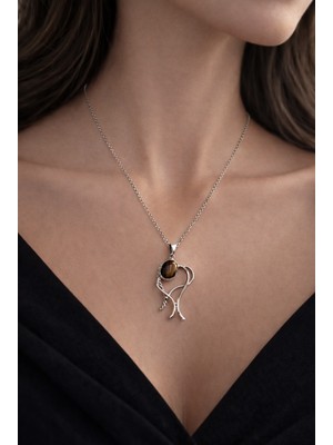 Miraç Gümüş Takı Atölyem 925 Ayar Gümüş Kaplan Gözü Doğal Taş Kolye