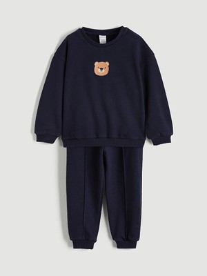 LC Waikiki Lcw Baby Lacivert Ayıcık Nakışlı Erkek Bebek Sweatshirt ve Eşofman Altı