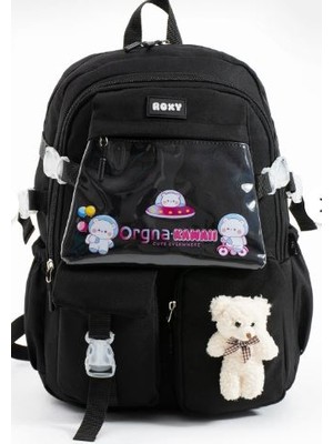 Trg Siyah Renk Kawaii Kore Tarzı Ayıcıklı Aksesuarlı Çok Bölmeli Çocuk Okul Çantası