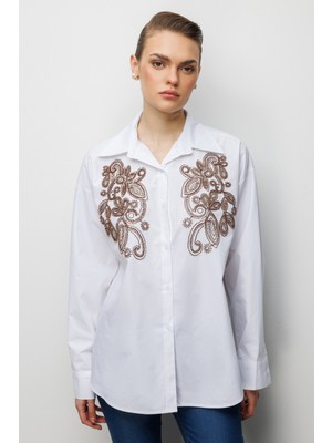 Ekol Kadın Boncuk Işlemeli Uzun Kollu Pamuk Gömlek 2806 Ekru