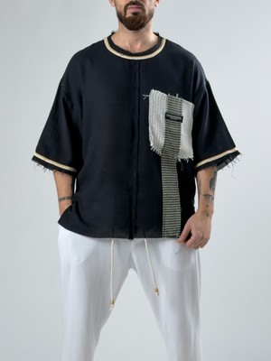 Cocopelli Tasarım Şeritli Siyah Oversize Erkek T-Shirt COC2901