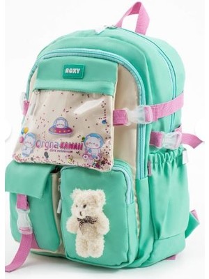 Trg Yeşil Renk Kawaii Kore Tarzı Ayıcıklı Aksesuarlı Çok Bölmeli Çocuk Okul Çantası