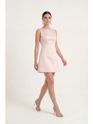 Lafaba Kadın Pudra Sırt Dekolteli Mini Saten Mezuniyet Abiye Elbise