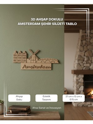 Ahsa Sanat 3D Ahşap Dokulu Amsterdam Şehir Silüeti Tablo