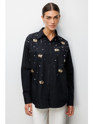 Ekol Kadın Kelebek ve Inci Işlemeli Pamuk Gömlek 2802 Siyah