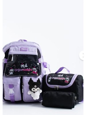 Trg Roxy Lila Kuromi Kore Kawaii Okul Çantası Seti – Sırt Çantası + Beslenme Çantası + Kalemlik