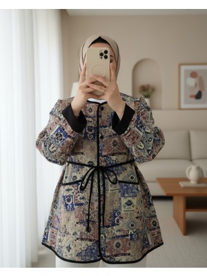 Modamorfo Kolu Katlamalı Beli Bağcıklı Etnik Desen Ceket -Krem