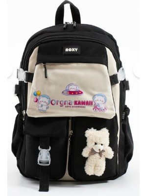 Trg Siyah-Beyaz Renk Kawaii Kore Tarzı Ayıcıklı Aksesuarlı Çok Bölmeli Çocuk Okul Çantası