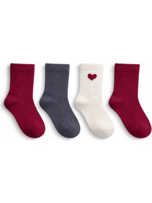 Solde 4’lü Set Bebek Pamuklu Günlük Çorap – Kalp Desenli & Düz Renk, Kaliteli