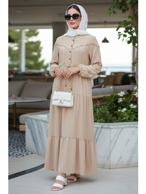 Neva Style Kat Piliseli Bej Tesettür Elbise 10334BEJ