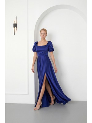 Lafaba Kadın Lacivert Kare Yaka Balon Kol Yırtmaçlı Söz Nişan Nikah Abiye Elbise