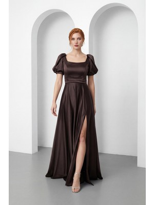 Lafaba Kadın Kahverengi Kare Yaka Balon Kol Yırtmaçlı Söz Nişan Nikah Abiye Elbise