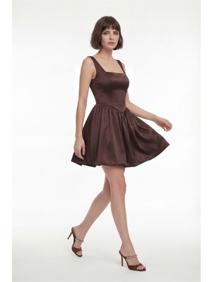 Lafaba Kadın Kahverengi Kare Yaka Mini Mezuniyet Abiye Elbise