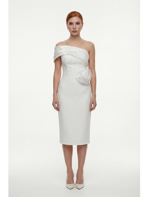 Lafaba Kadın Beyaz Kayık Yaka Incili Söz Nişan Nikah Abiye Elbise