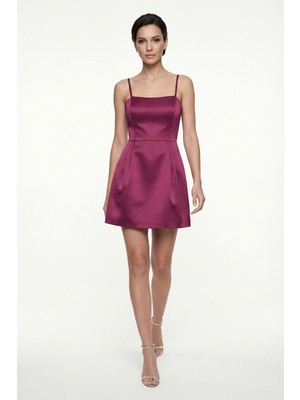 Lafaba Kadın Bordo Ince Askılı Mini Saten Mezuniyet Abiye Elbise