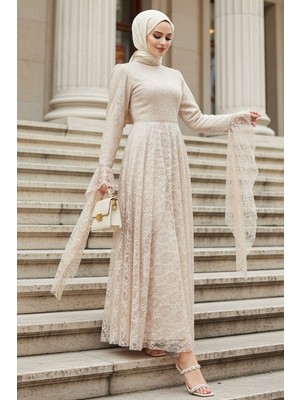 Dantelli Bej Tesettür Abiye Elbise 6294BEJ