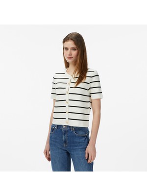 Nautica Kadın Krem Regular Fit Kolsuz Çizgili Polo Yaka T-Shirt 65K508T.1MA