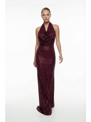 Lafaba Kadın Bordo Dar Kalıp Halter Yaka Uzun Pul Payet Abiye Elbise