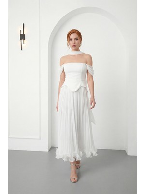 Lafaba Kadın Beyaz Şal Yaka Etek Ucu Volanlı Midi Söz Nişan Nikah Abiye