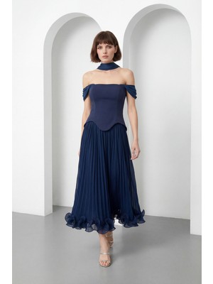 Lafaba Kadın Lacivert Şal Yaka Etek Ucu Volanlı Midi Söz Nişan Nikah Abiye
