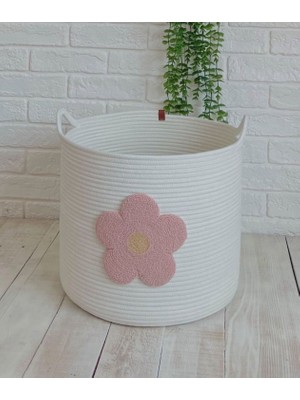 Berçak Home Çocuk Oyuncak Sepeti Punch Işlemeli Düzenleyici Kirli Sepeti 24 cm Yükseklik Beyaz Çiçek Desenli
