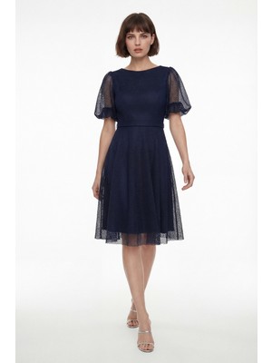 Lafaba Kadın Lacivert Balon Kol File Kumaş Detaylı Midi Kloş Abiye Elbise