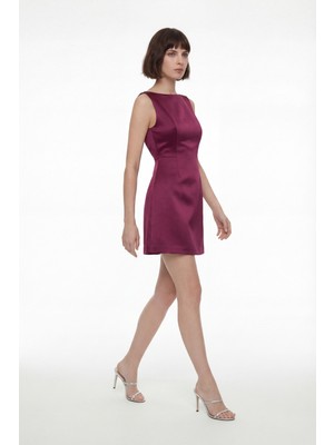 Lafaba Kadın Bordo Sırt Dekolteli Mini Saten Mezuniyet Abiye Elbise