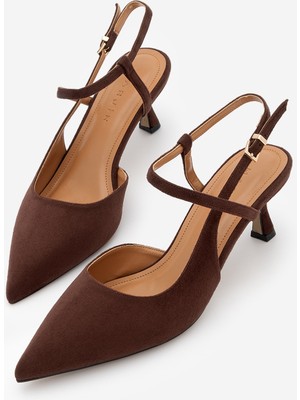Marjin Kadın Stiletto Sivri Burun Bantlı Arkası Açık Topuklu Ayakkabı Livam Kahve Süet