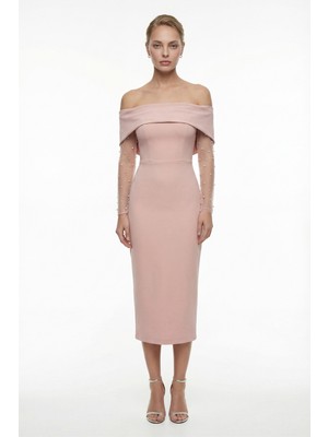 Lafaba Kadın Pudra Kayık Yaka Incili Midi Söz Nişan Nikah Abiye Elbise