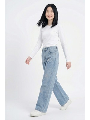 Modanino Kız Çocuk Taş Desenli Yıldız Detaylı-Geniş Paçalı Jean Pantolon 4-15 Yaş 12534