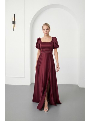 Lafaba Kadın Bordo Kare Yaka Balon Kol Yırtmaçlı Söz Nişan Nikah Abiye Elbise