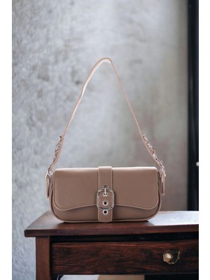 Milabella Pamela Önden Tokalı Çift Askılı Koyu Vizon Cilt Trend Kadın Baget Çanta