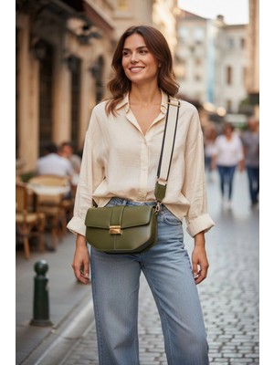 Milabella Roma Kanvas Şerit Askılı Gold Tokalı Haki Cilt Trend Kadın Omuz Çantası