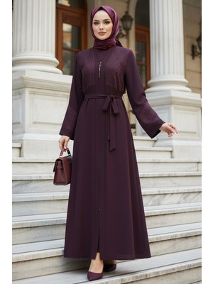 Çizgi Taşlı Fermuarlı Mor Tesettür Abaya 29133MOR
