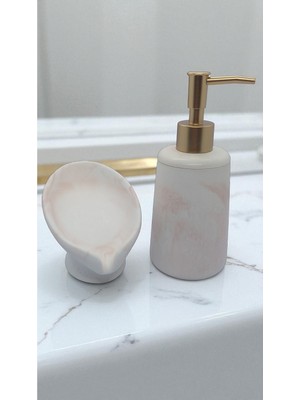 Feyza Design Beyaz ve Kahverengi Mermer Desenli 2'li Banyo Seti, Sabunluklar 18 cm