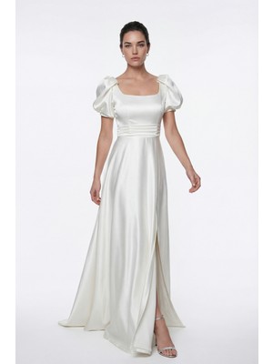 Lafaba Kadın Ekru Kare Yaka Balon Kol Yırtmaçlı Söz Nişan Nikah Abiye Elbise