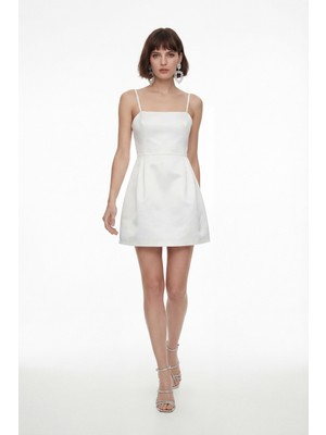Lafaba Kadın Ekru Ince Askılı Mini Saten Mezuniyet Abiye Elbise