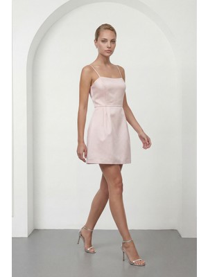 Lafaba Kadın Pudra Ince Askılı Mini Saten Mezuniyet Abiye Elbise