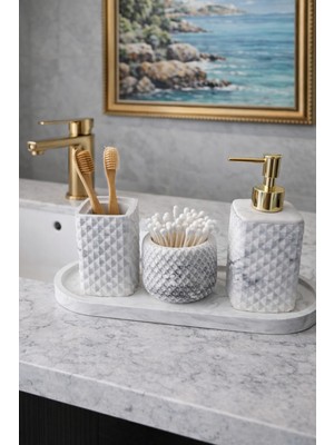 Feyza Design Mermer Desenli 4’lü Beton Banyo ve Wc Aksesuar Seti