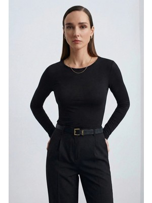 Qaju Kadın Uzun Kollu Bisiklet Yaka Basic Bluz -Siyah