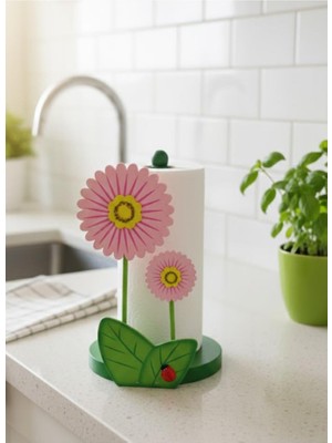 abnturk Ahşap 2 Çiçekli El Işi Oymalı Elde Boyamalı Papatya Kağıt Havluluk Dekoratif Dik Peçetelik