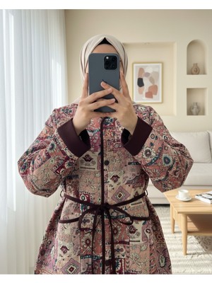 Modamorfo Kolu Katlamalı Beli Bağcıklı Etnik Desen Ceket -G.Kurusu