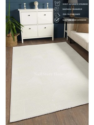 NarStore Home Rölyef Joy Krem Saçaklı Kaymaz Taban Kesme Halı Yolluk