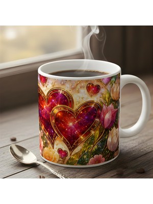 spldizayn Kalp ve Çiçek Tasarımlı Kupa Bardak