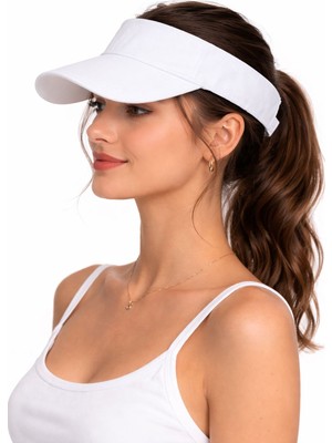 Beyaz Kadın Spor Vizör Şapka Yazlık Güneşlik Ayarlanabilir Açık Üst Plaj Tenis Koşu Şapkası