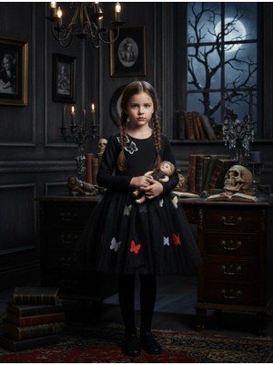 Wednesday Konseptli Kelebek Detaylı Tütü Elbise